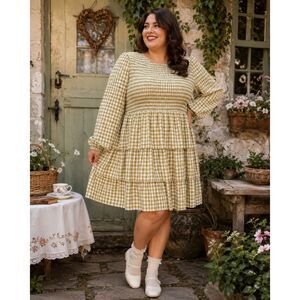 JessaKae Gingham Plaid Dress Smocked Plus Size 1X Green White Tiered Ruffles